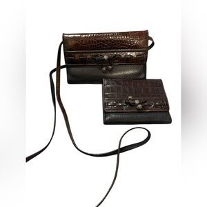 2 PIECES! Vintage Brighton Brown and Black Crocodile Embossed Leather